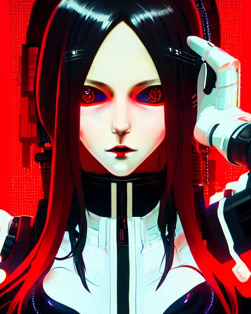 Image similar to a detailed potrait of a cyberpunk cyborg girl with black and red parts, perfect face, realistic shaded perfect face, detailed. night setting. very anime style. realistic shaded lighting poster by ilya kuvshinov katsuhiro, unreal engine, global illumination, radiant light, detailed and intricate environment, full length and white stockings