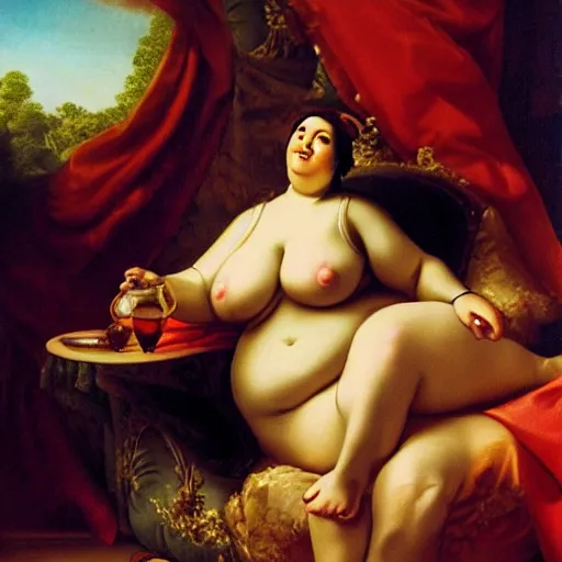 Prompt: plump, thickly bodied reubensesque woman eating grapes on a pillowy couch, baroque - rococo fusion, romantic lighting, hazy, dreamlike, oil painting,