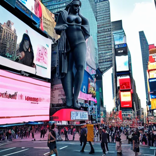 Image similar to a giant greek statue of a woman in times square