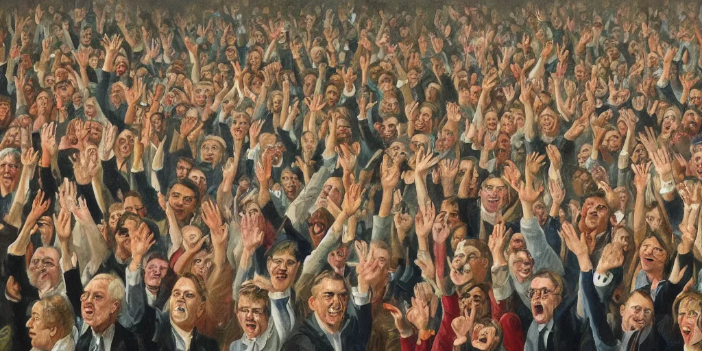 Image similar to A painting of a crowd of people cheering for a rising stock chart