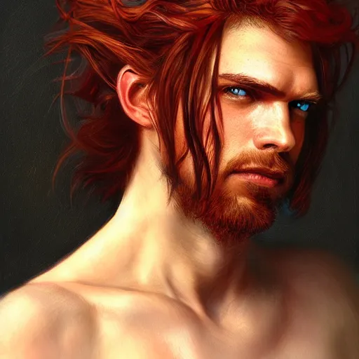 Image similar to portrait of a young rugged pirate, male, masculine, upper body, red hair, long hair, soft hair, D&D, fantasy, intricate, elegant, highly detailed, digital painting, artstation, concept art, matte, sharp focus, illustration, art by Artgerm and Greg Rutkowski and Alphonse Mucha