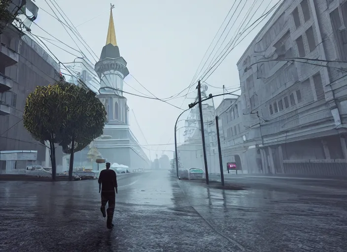 Prompt: cinematic photo gta 5, rain, man in adidas tracksuit, churches, buildings, road, moskvich, rtx, volumetric light, 3 d artist, art by crewdson gregory and artgerm and reflections, moscow, soviet apartment buildings, award winning, artstation, intricate details, realistic, hyperdetailed, 8 k resolution