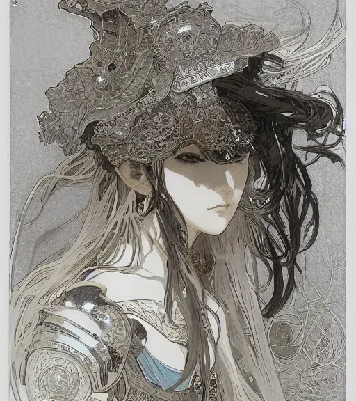 Image similar to alphonse mucha painting of anime woman in armor, pen and ink, intricate line drawings, by craig mullins, ruan jia, kentaro miura, greg rutkowski, loundraw