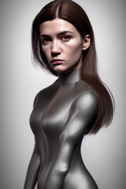 Image similar to kodak portrait 4 0 0 hyperdetailed very close portrait of a model, beautiful young female with brown hair and grey eyes, in a tight suit, volumetric light, by rossdraws and alexander mcqueen, rim light, octane render, 8 k