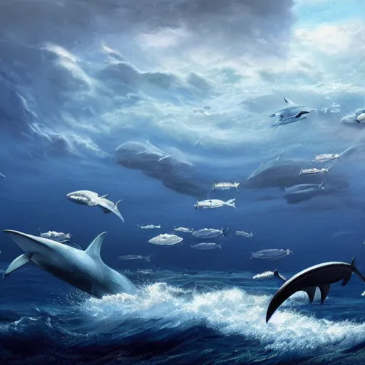 Prompt: 🦈🐬🐋🐟, matte painting, oil painting, crisp, sharp, clear, hyperrealistic, 8 k