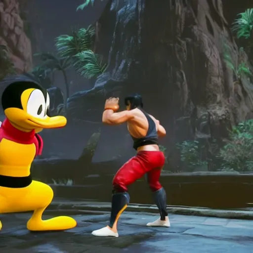 Prompt: gameplay screenshot of bruce lee vs donald duck in mortal kombat 1 1,