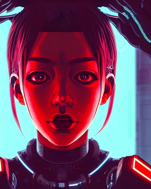 Image similar to a detailed potrait of a cyberpunk cyborg girl with black and red parts, perfect face, realistic shaded perfect face, detailed. night setting. very anime style. realistic shaded lighting poster by ilya kuvshinov katsuhiro, unreal engine, global illumination, radiant light, detailed and intricate environment