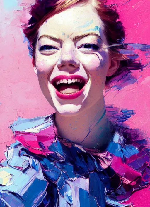 Image similar to portrait of a emma stone, smiling, ecstatic, dancing, eyes closed, open mouth, shades of pink and blue, beautiful face, rule of thirds, intricate outfit, spotlight, by greg rutkowski, by jeremy mann, by francoise nielly, by van gogh, digital painting