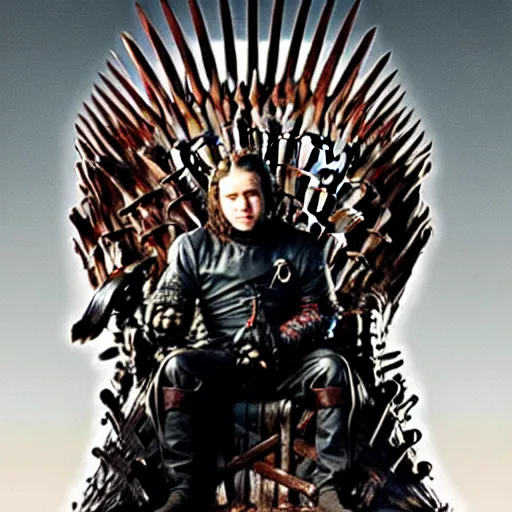 Image similar to skrillex sitting on the iron throne of game of thrones