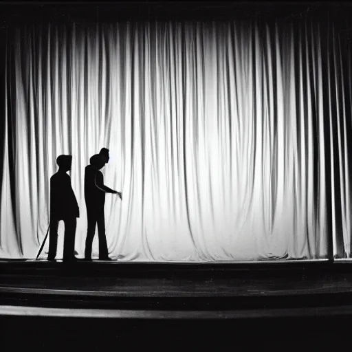 Image similar to Two male silhouettes on a gigantic abandoned theatre stage, they have a microphone, polaroid picture with film grain, black-and-white, bright, vignette, 4k, vague, wide-angle lens, there are curtains in the background