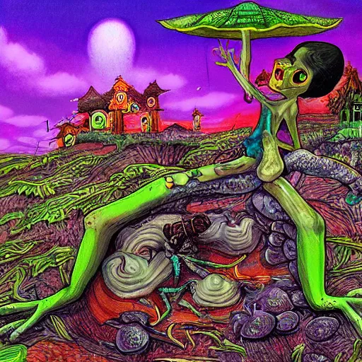 Image similar to Scary godlike fairy killing a frog ,detailed mushroom village in the background , Taras Shevchenko style, post-processing, fantasy , masterpiece , junji ito, painting , psychedelic colored