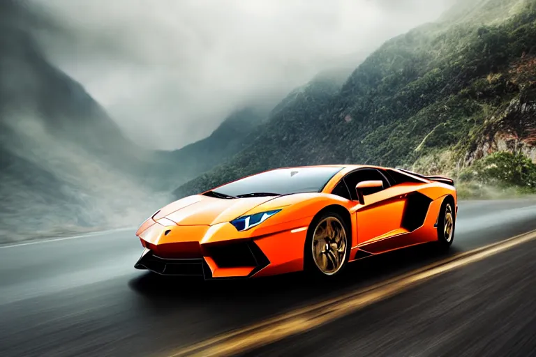 Prompt: a cinematic photograph of a lamborghini aventador driving through a vast mountainous landscape whilst lightening strikes on the mountains, rain falls, ultra realistic, high definition