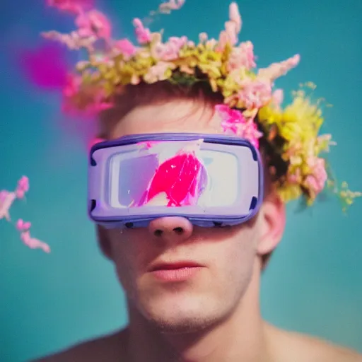 Prompt: close up kodak portra 4 0 0 face portrait photograph of a skinny guy with blonde hair submerged in a tub of milk, aerial view, wearing cyber goggles, flower crown, moody lighting, telephoto, 9 0 s vibe, blurry background, vaporwave colors, dream aesthetic, dreamy aesthetic, faded!,