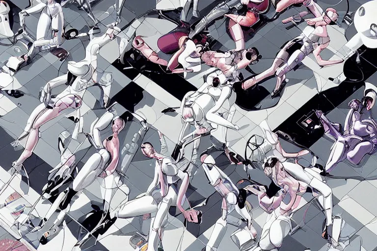 Image similar to a nice illustration of a group of female androids' lying scattered over an abstract, empty, white floor, by masamune shirow, hajime sorayama and katsuhiro otomo, view from above