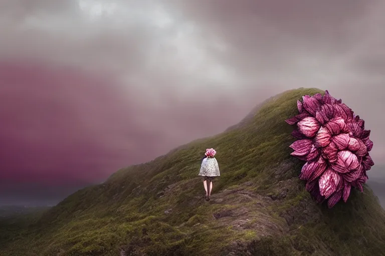 Image similar to giant dahlia flower crown under head, girl walking on mountain, surreal photography, pink and grey storm clouds, dramatic light, impressionist painting, digital painting, artstation, simon stalenhag