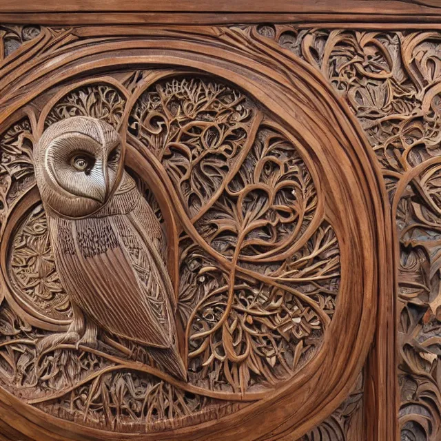 Image similar to a 3 d wooden mahogany art nouveau carved sculpture of a barn owl, in front of a delicate tracery pattern, intricate and highly detailed, well - lit, ornate, realistic, polished with visible wood grain