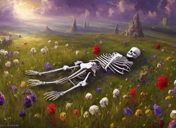 Image similar to a knight's skeleton killed long ago lays in a vast flower field in the cosmic sky by vladimir volegov and alexander averin and peder mørk mønsted and adrian smith and raphael lacoste