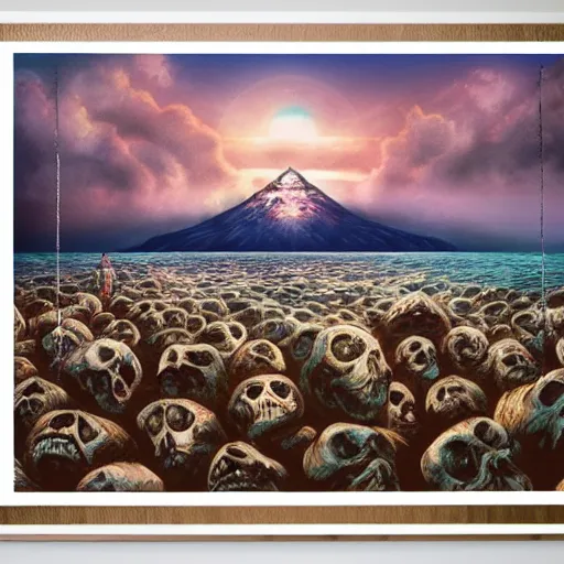 Image similar to a mountain of skulls amidst the ocean, photograph, realistic, morning light, dan mumford color scheme