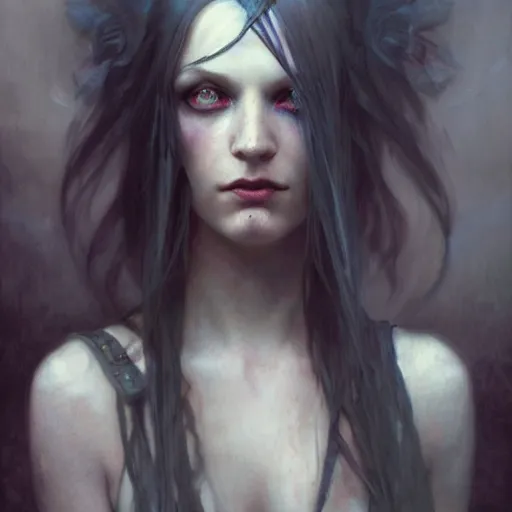 Image similar to dark goth queen with blue eyes, dark fantasy, hyperrealistic portrait, art of elysium by jeremy mann and alphonse mucha, dark fantasy illustration, fantasy art, photo realistic, dark, goth, artstation, ginger hair, dynamic lighting, very detailed face, 4 k, award winning