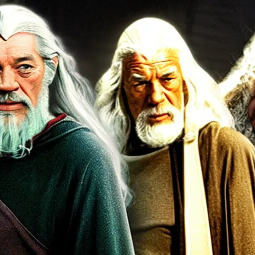 Prompt: jesus, gandalf and picard hanging out together