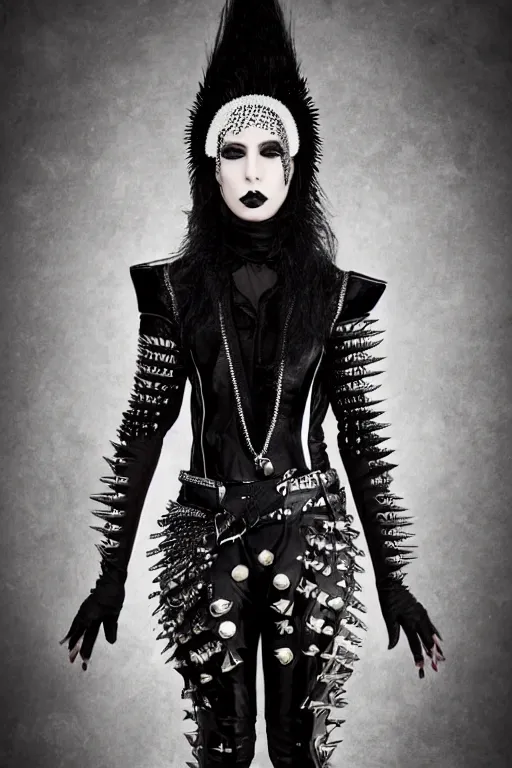 Prompt: a genderqueer iranian woman in a black leather outfit with spikes on her head, a high fashion character portrait by christen dalsgaard, featured on behance, gothic art, androgynous, genderless, gothic