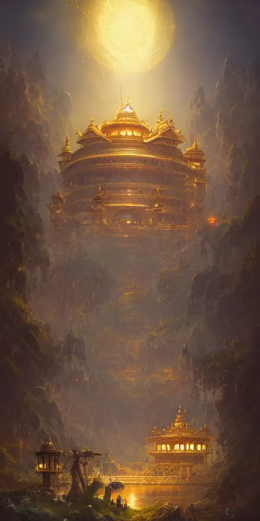 Prompt: Detailed exterior of Ancient Glowing Golden Temple, Peaceful Landscape, Rising Planet, stunning atmosphere, in Style of Peter Mohrbacher, cinematic lighting