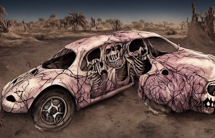 Image similar to a scary flowery skeleton car in a desert, artstation, digital art,