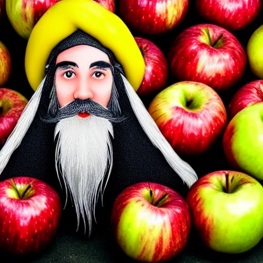 Image similar to beautiful professional photograph of a wizard with a very long white beard, brewing brewing, potions, elixirs, potions potions, in an apple!!! orchard