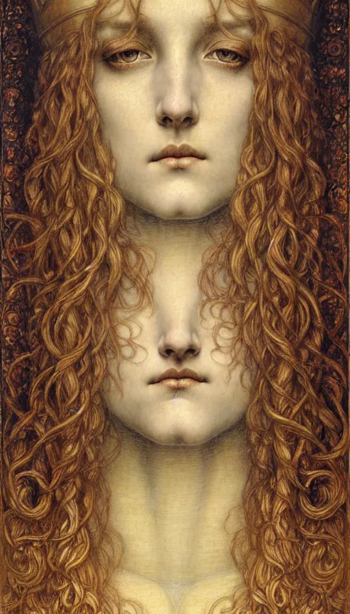 Image similar to detailed realistic beautiful young medieval queen face portrait by jean delville, gustave dore and marco mazzoni, art nouveau, symbolist, visionary, gothic, pre - raphaelite. horizontal symmetry