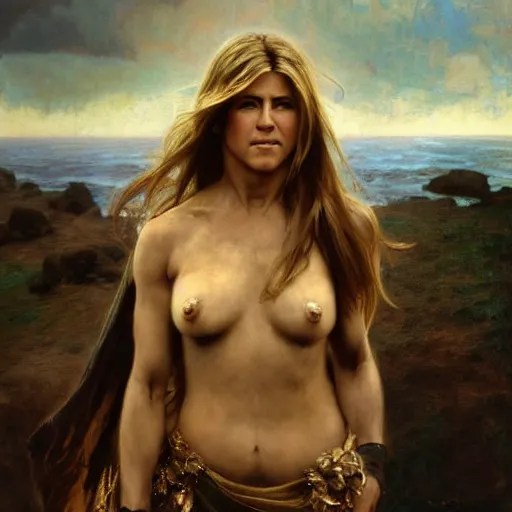 Image similar to hyperrealist photo of jennifer aniston as lady godiva. by jeremy mann and alphonse mucha, fantasy art, photo realistic, dynamic lighting, artstation, poster, volumetric lighting, very detailed faces, 4 k, award winning