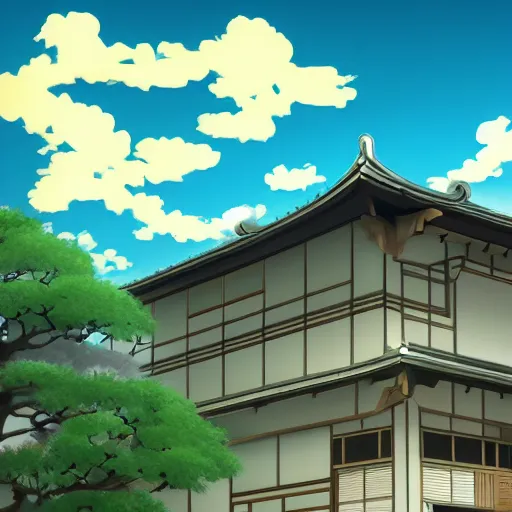 Prompt: a Japanese house and a blue sky with clouds in anime style, in the style of Lampbo Chun on ArtStation and Son Rice on ArtStation, 4k,