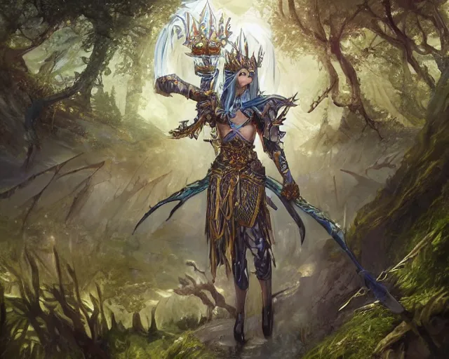 Image similar to an anime landscape of a knightly merfolk from magic the gathering wearing a ornate detailed armor garments and an atlantean crown, in a mystical forest from skyrim, by stanley artgerm lau, wlop, rossdraws, james jean, andrei riabovitchev, marc simonetti, and sakimichan, trending on artstation