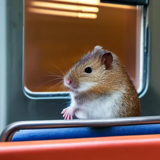 Image similar to distant photo of a hamster, sitting on a seat in a train, various poses, unedited, soft light, sharp focus, 8 k