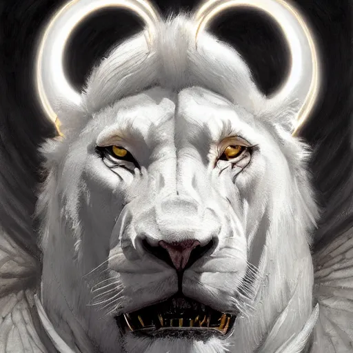 Image similar to anthropomorphic male muscular albino white lion, wearing beautiful vikings armor, darkness aura red light, fantasy, dark, black and white high contrast portrait art by donato giancola and greg rutkowski, realistic face, digital art, trending on artstation, symmetry