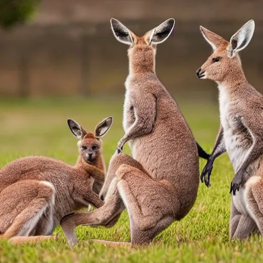 Image similar to photo of three kangaroos in their mother's pouch together. extreme detail, hyperrealistic photo