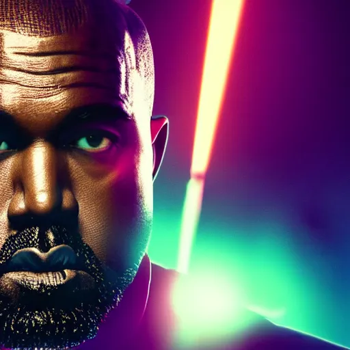 Image similar to Portrait of Kanye West as Thanos, glowing eyes, splash art, movie still, cinematic lighting, dramatic, octane render, long lens, shallow depth of field, bokeh, anamorphic lens flare, 8k, hyper detailed, 35mm film grain