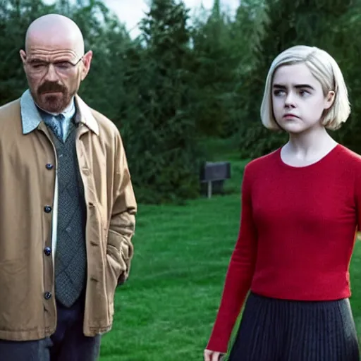 Image similar to kiernan shipka as sabrina spellman with walter white, still from chilling adventures of sabrina