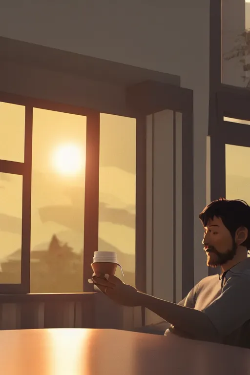 Image similar to a man sitting on a café table mext to a window and holding a cup of coffee at sunset, anime style, Pixar style, black hair, 4K, cartoon, concept art, octane render, unreal engine 5, path tracing, complementary colours, serene scene, warm, cute, natural lighting, high quality, highly detailed, high coherence, defined face, five fingers, anatomically correct, soft lighting, close view