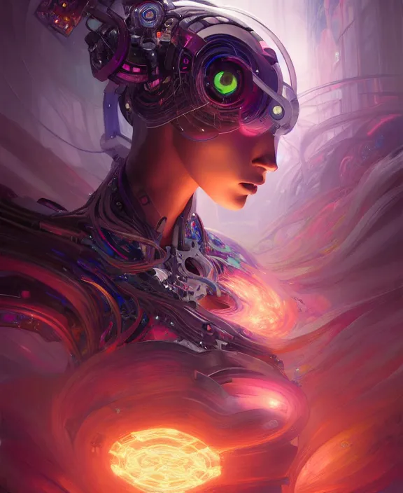 Image similar to whirlwind souls rushing inside metaverse, half body, tiara, robotic, android, cyborg, cyberpunk face, by loish, d & d, fantasy, intricate, elegant, highly detailed, colorful, vivid color, digital painting, artstation, concept art, art by artgerm and greg rutkowski and alphonse mucha and ruan jia