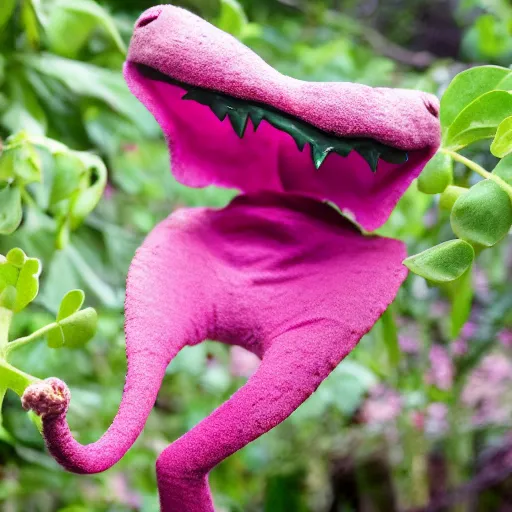 Image similar to studio photograph of a thin green vine creature with vine limbs and a pink blooming flower mouth with many sharp teeth