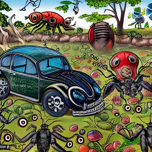 Image similar to highly detailed illustration of a beetle and the beatles battling on the battleground