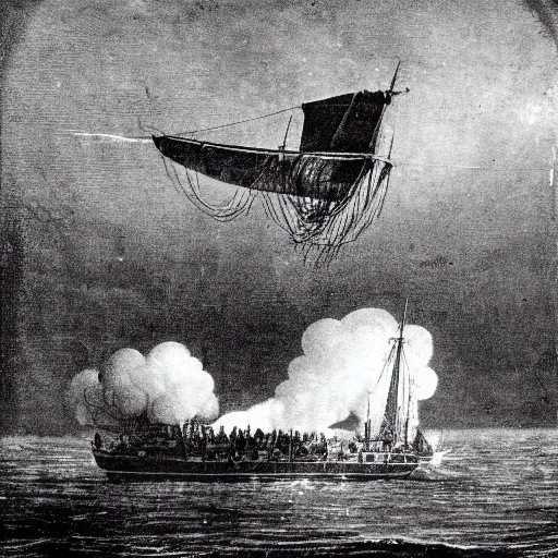 Prompt: grainy 1800s photo of a dirigible warship being shot down over a city