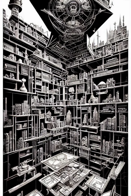 Image similar to a majestic steampunk alchemists bookshelf, two point perspective, furniture, high details, bold line art, by vincent di fate and joe fenton, inking, etching, screen print, masterpiece, trending on artstation, sharp, high contrast, hyper - detailed,, hd, 4 k, 8 k