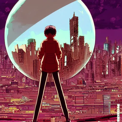 Prompt: adularia, apocalyptic spherical explosion, city, akira art style, pink, red