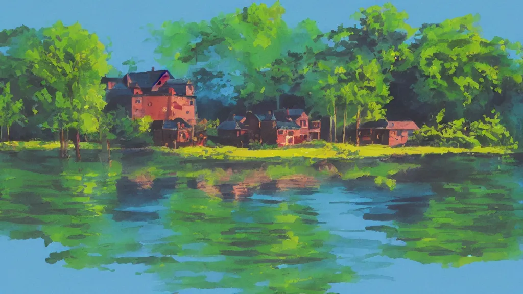 Prompt: a house on a lake. gouache artwork.