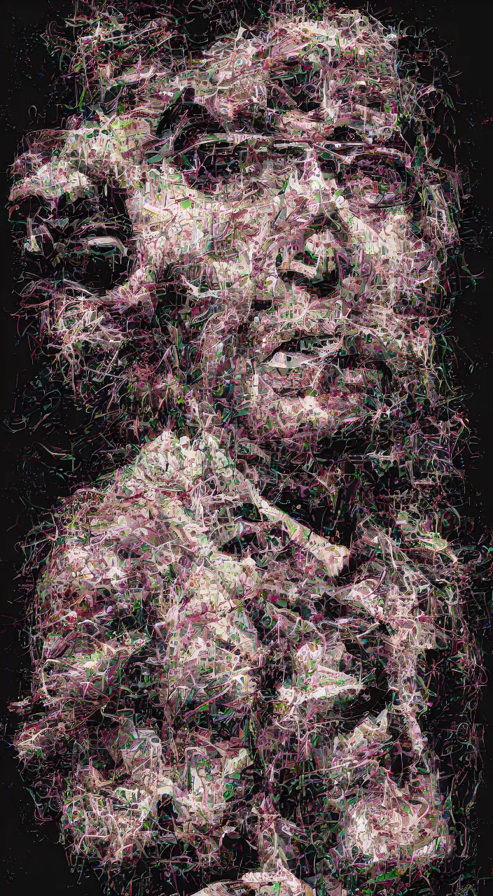 Image similar to pixel sorting in the style of ralph steadman, gearlord digital celluar automata