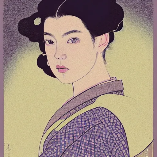 Image similar to “ anya taylor - joy portrait by ikenaga yasunari and ayana otake and ko rakusui, 6 0 s poster, drawing, realistic, sharp focus, japanese, dreamy, nostalgia, faded, golden hues, floral clothes, porcelain skin ”