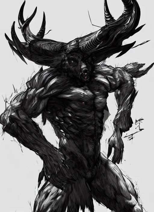 Image similar to Full body portrait of horned bear spirit with sharp claws. In style of Yoji Shinkawa and Hyung-tae Kim, trending on ArtStation, dark fantasy, great composition, concept art, highly detailed.