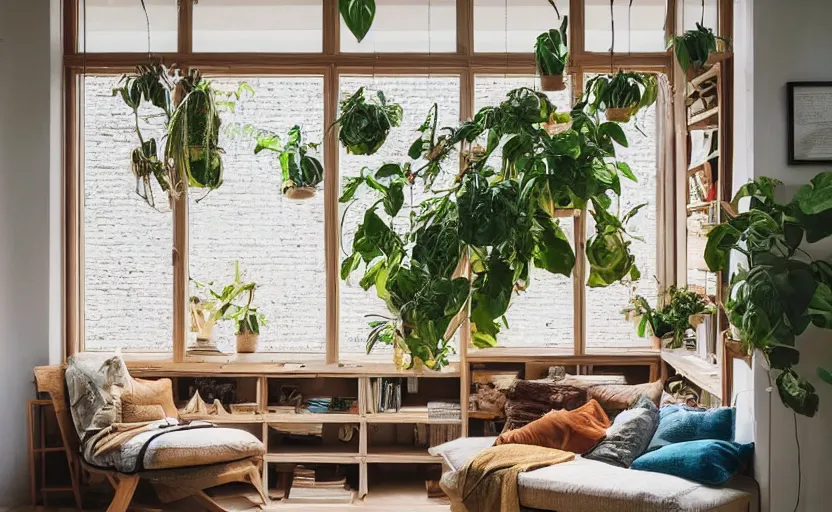 Image similar to interior desing magazine photo of a big window with a wooden frame to sit on, some sandy yellow pillows, there are some books on a small integrated shelf, hanging plants, great architecture, ambient light, 8k