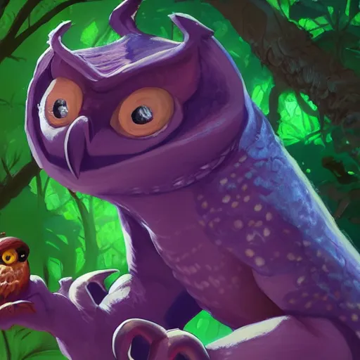 Image similar to concept art painting of an anthropomorphic purple creature with reptile and owl features, in the deep forest, realistic, detailed, cel shaded, in the style of makoto shinkai and greg rutkowski and james gurney